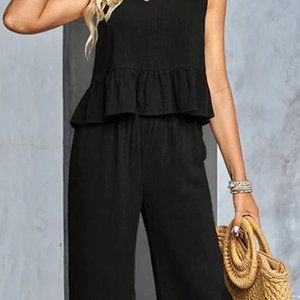 NWT, Beachsissi, Black, Fashion Solid Ruffle Hem Two Piece Set, LARGE